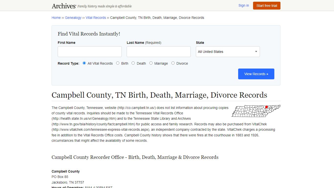 Campbell County, TN Birth, Death, Marriage, Divorce Records